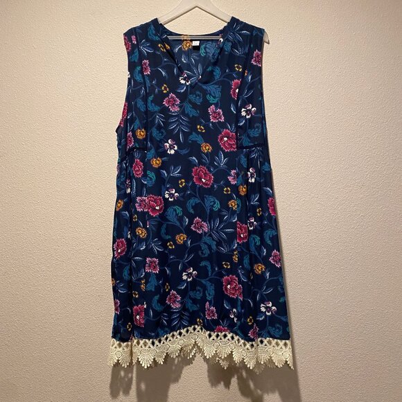 Old Navy Dresses & Skirts - Old Navy XXL Blue Floral‎ Midi Summer Dress Boho Cottagecore Lace Trim